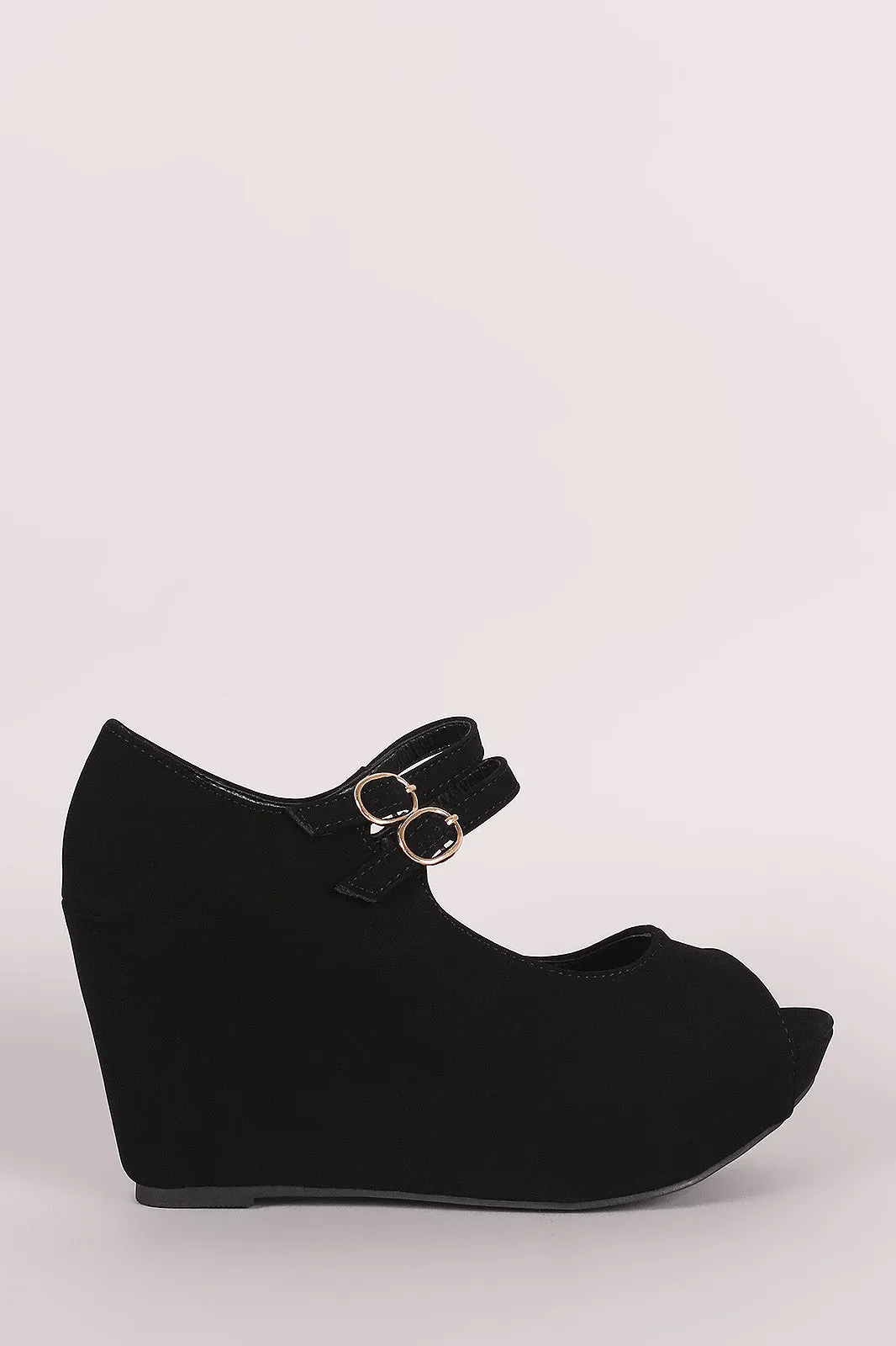 Bamboo Nubuck Double Mary Jane Strap Platform Wedge