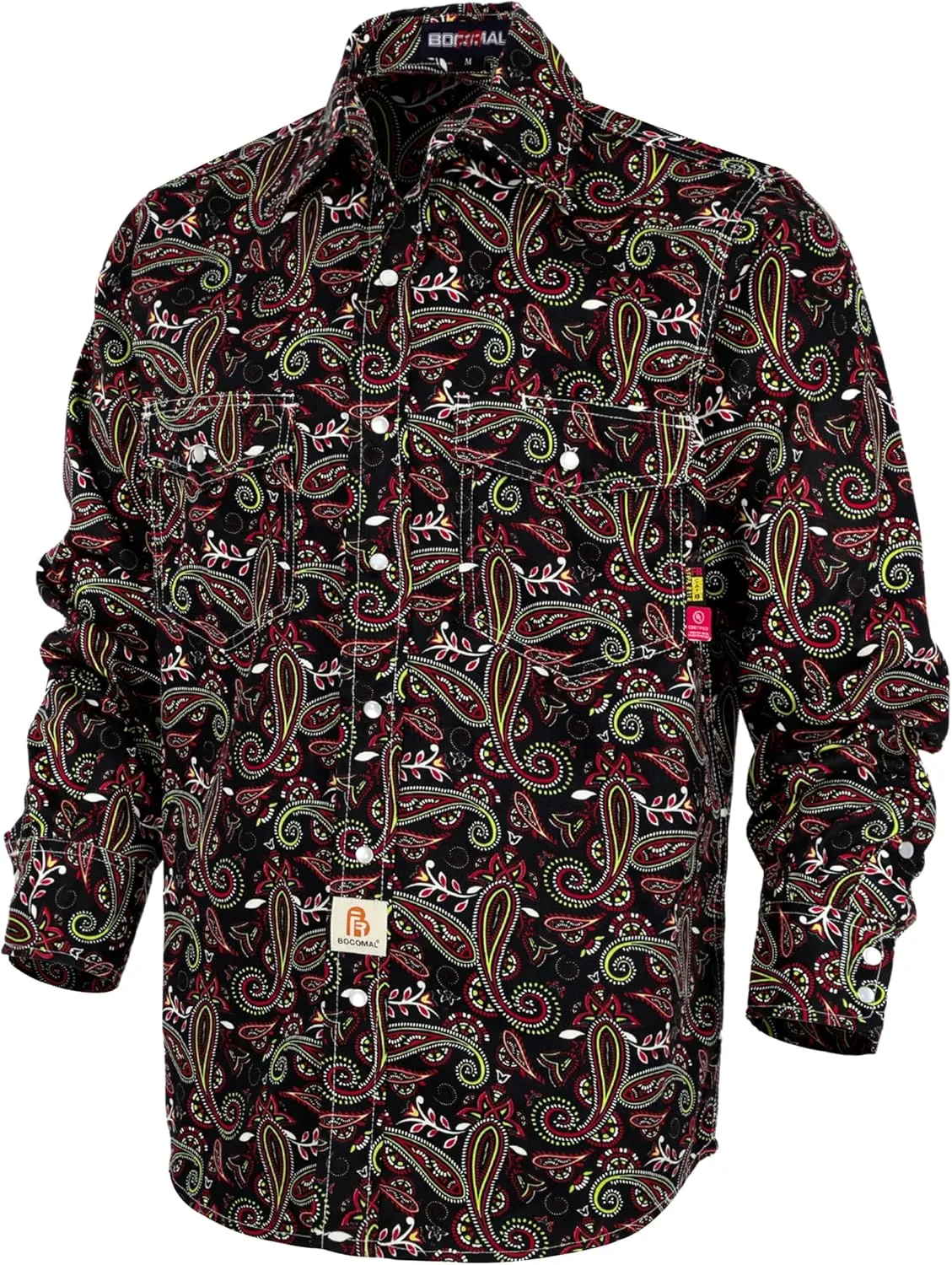 BOCOMAL FR Shirts Printed Paisley/Hawaii Lightweight Pearl Snaps Button Down Flame Resistant NFPA2112 CAT2 Work Shirt