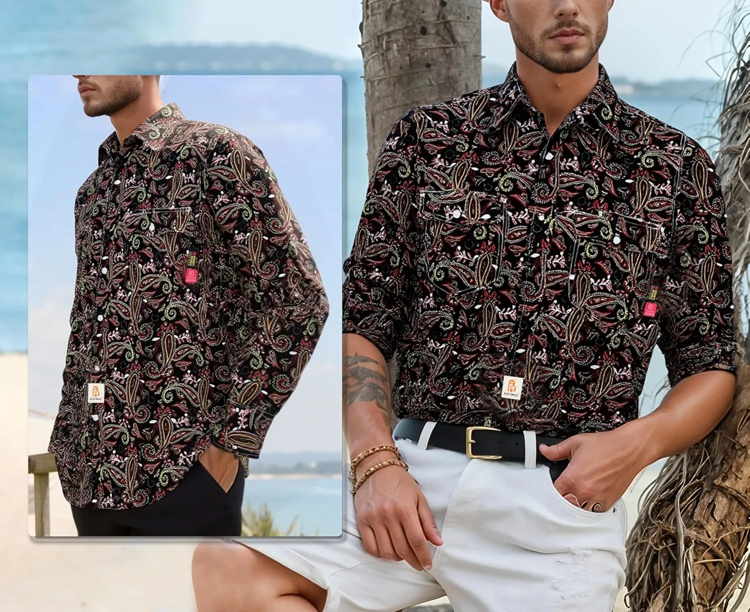 BOCOMAL FR Shirts Printed Paisley/Hawaii Lightweight Pearl Snaps Button Down Flame Resistant NFPA2112 CAT2 Work Shirt