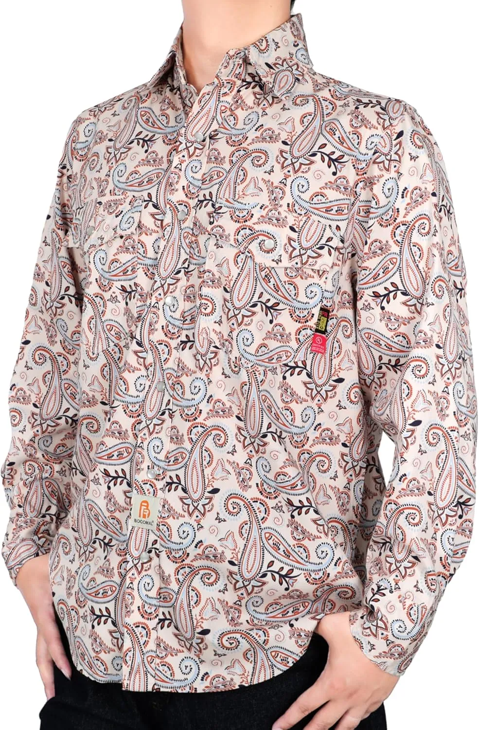 BOCOMAL FR Shirts Printed Paisley/Hawaii Lightweight Pearl Snaps Button Down Flame Resistant NFPA2112 CAT2 Work Shirt