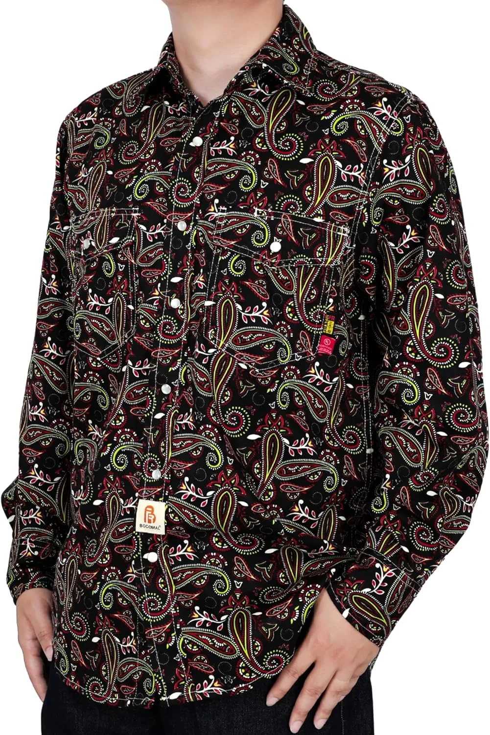 BOCOMAL FR Shirts Printed Paisley/Hawaii Lightweight Pearl Snaps Button Down Flame Resistant NFPA2112 CAT2 Work Shirt