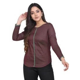 Brown Full Sleeves Cotton Top With Green Piping Details 