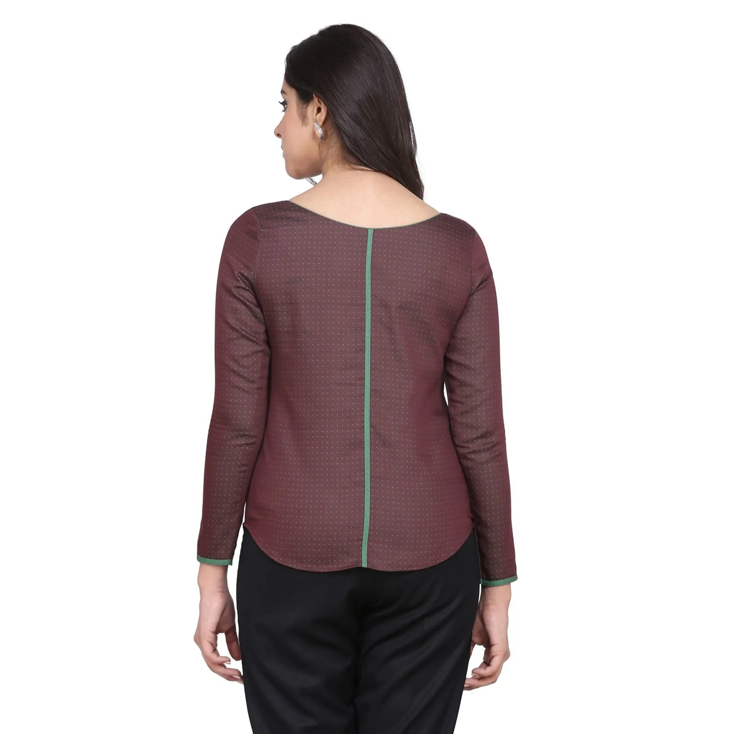 Brown Full Sleeves Cotton Top With Green Piping Details 