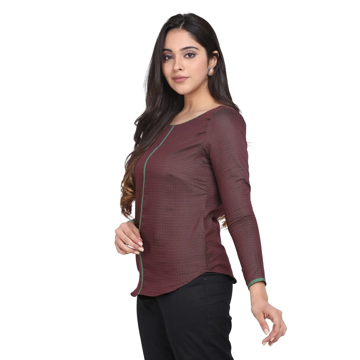 Brown Full Sleeves Cotton Top With Green Piping Details 