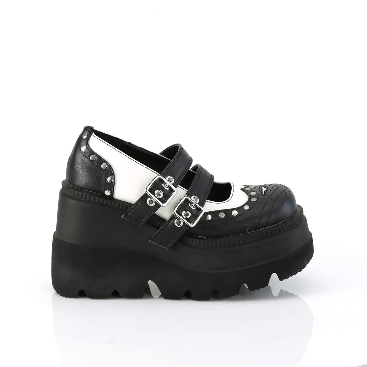 Demonia SHAKER-27 | Black & White Vegan Leather Mary Janes
