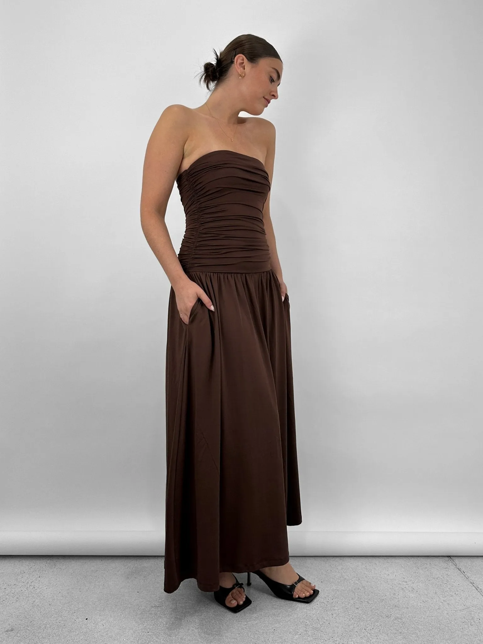 Drop Waist Ruched Midi Tube Dress