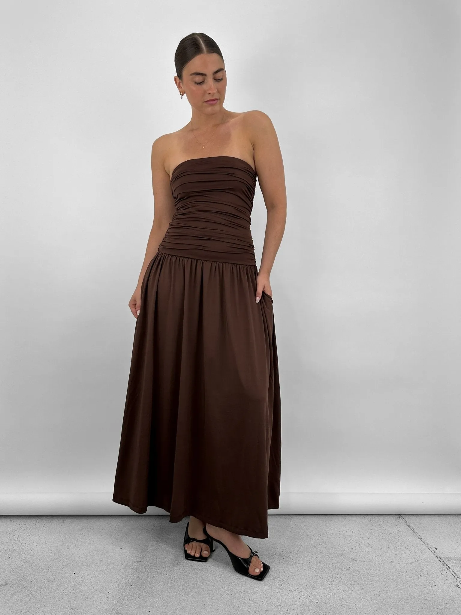 Drop Waist Ruched Midi Tube Dress
