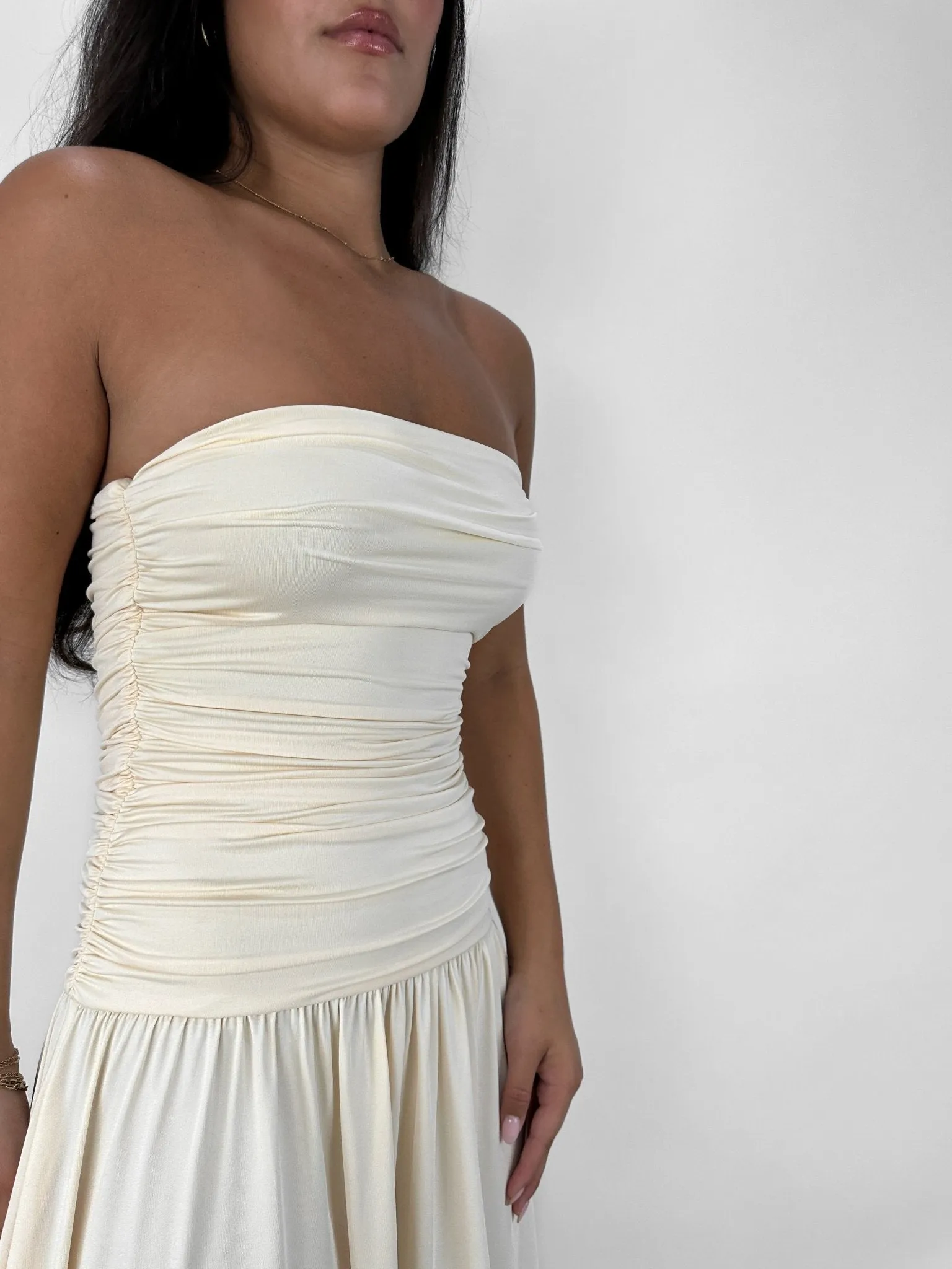 Drop Waist Ruched Midi Tube Dress