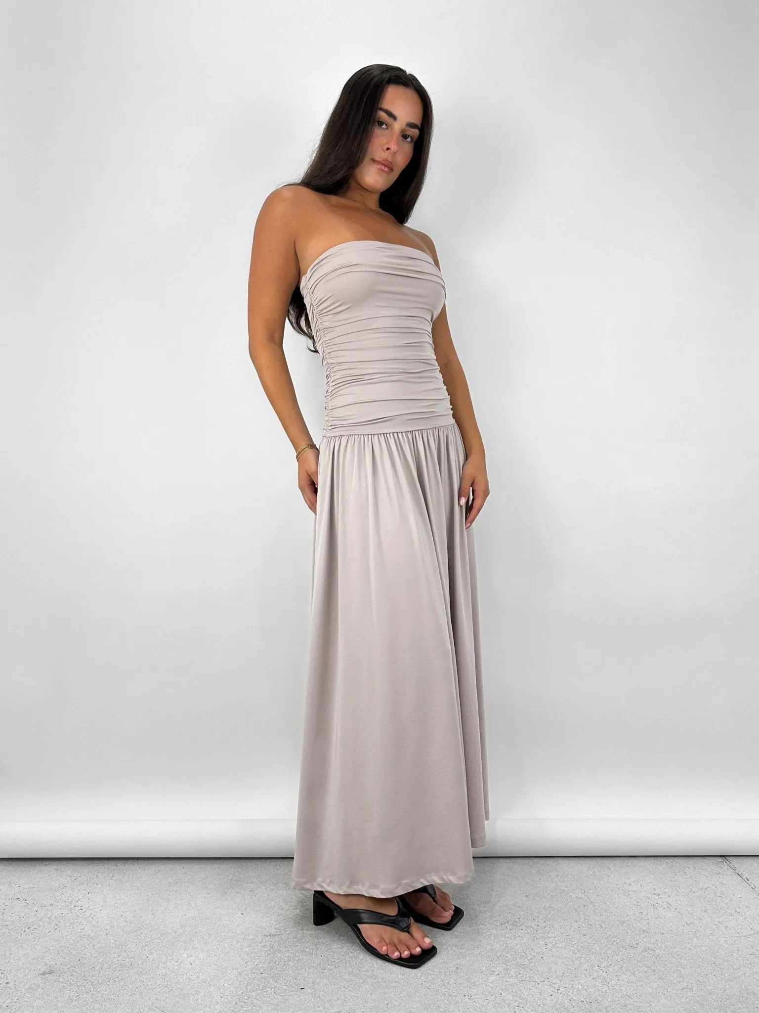 Drop Waist Ruched Midi Tube Dress