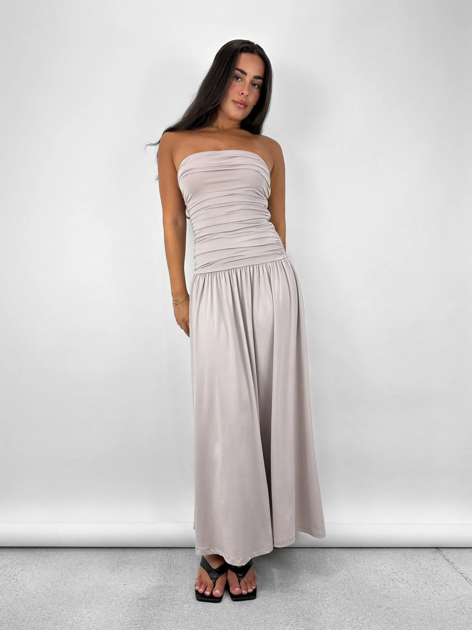 Drop Waist Ruched Midi Tube Dress