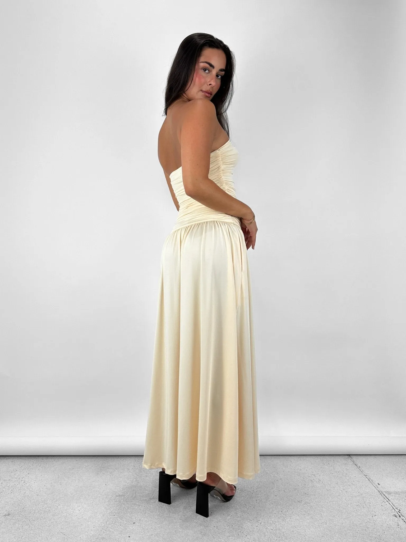 Drop Waist Ruched Midi Tube Dress