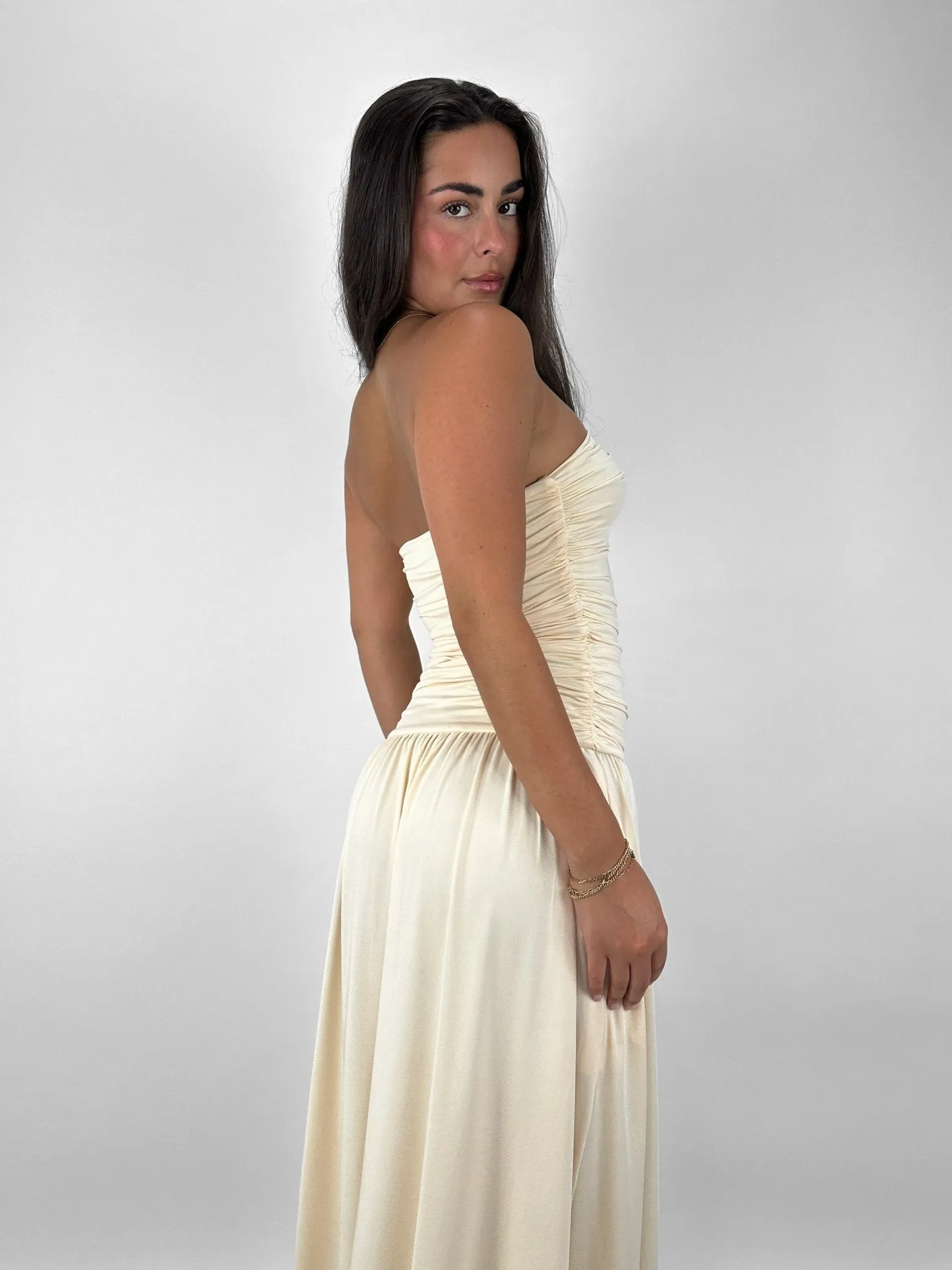 Drop Waist Ruched Midi Tube Dress