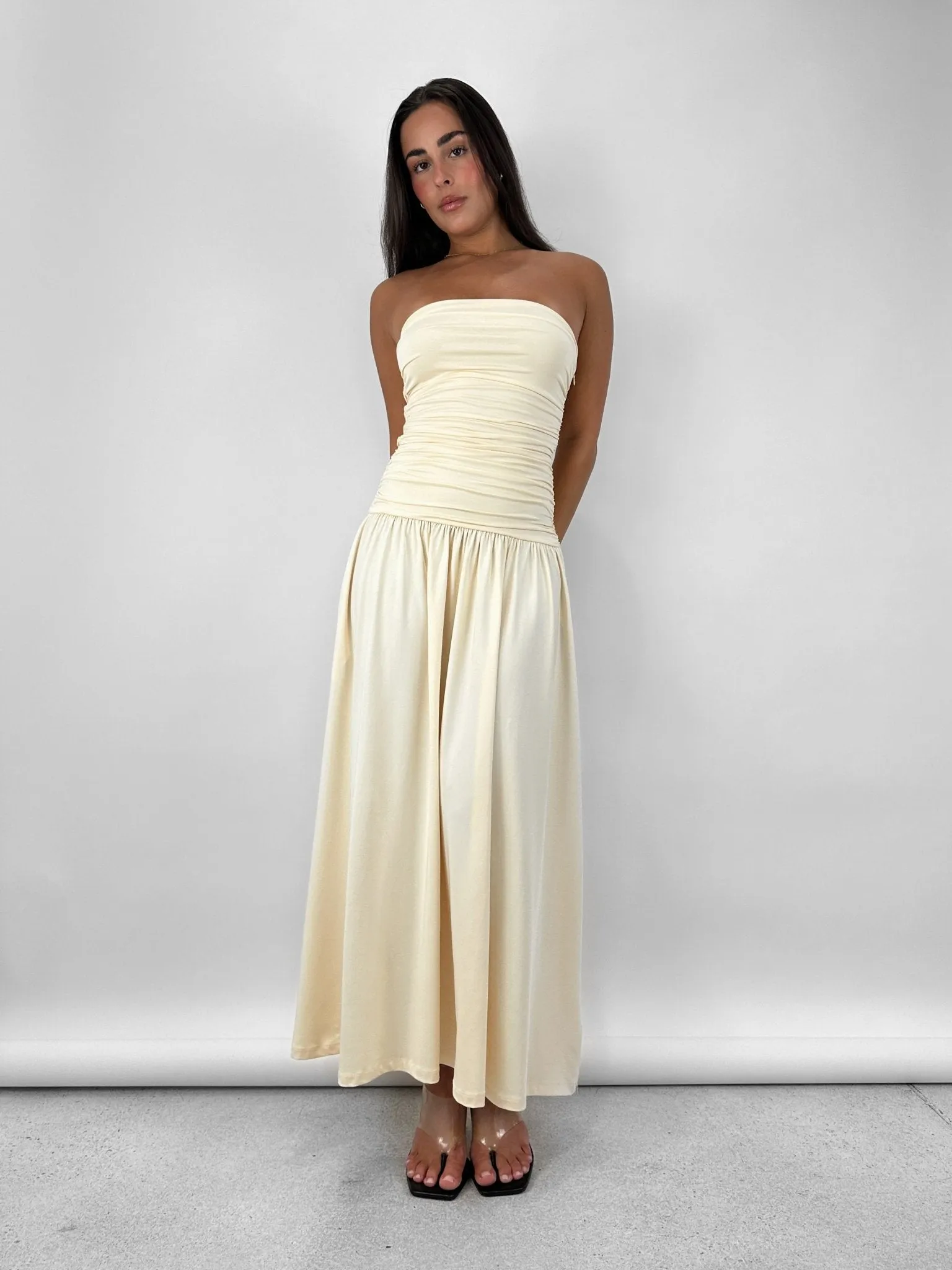 Drop Waist Ruched Midi Tube Dress