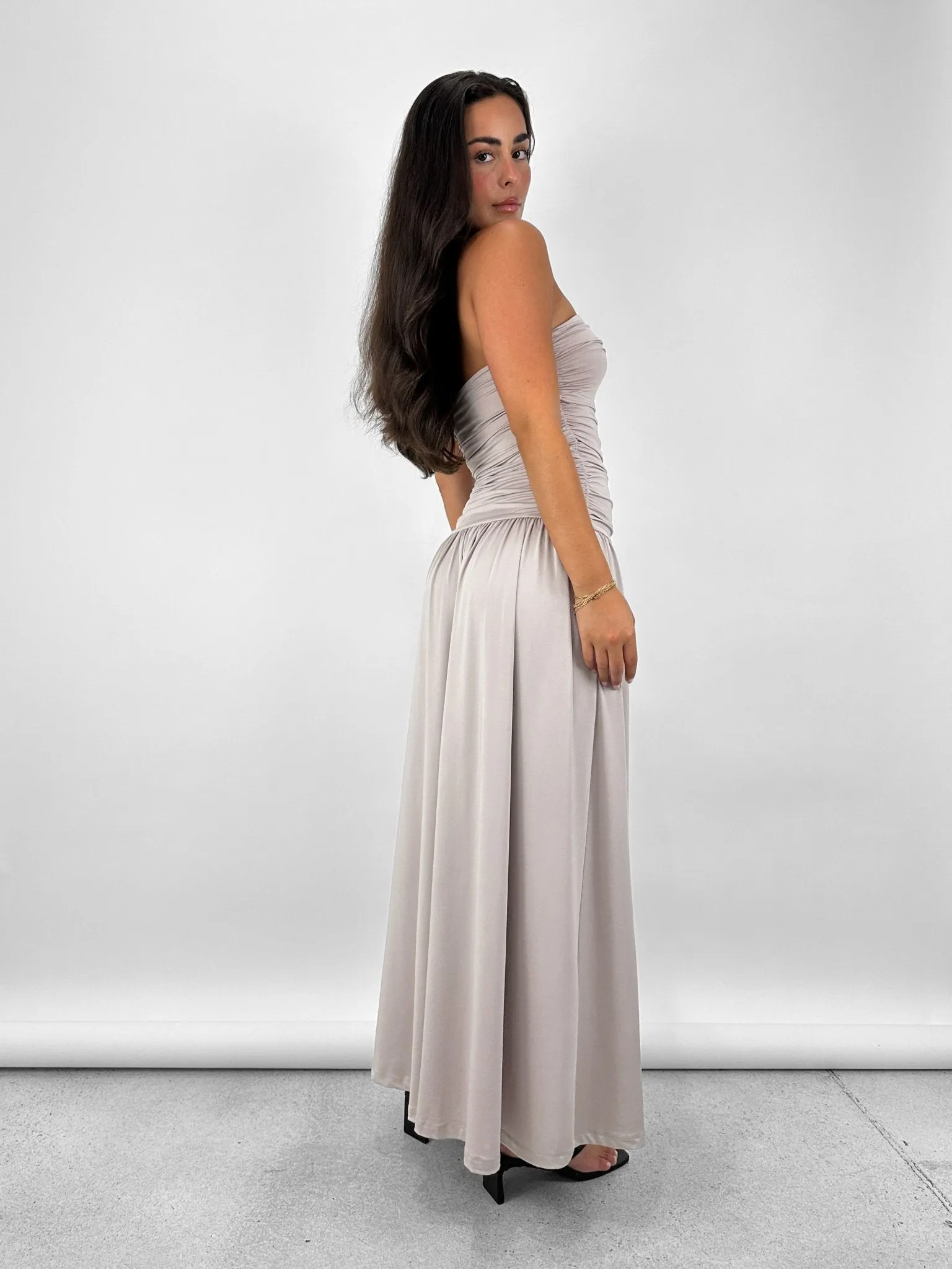 Drop Waist Ruched Midi Tube Dress