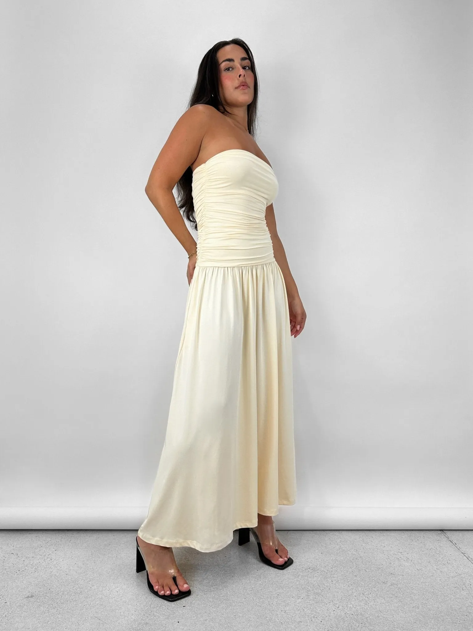Drop Waist Ruched Midi Tube Dress