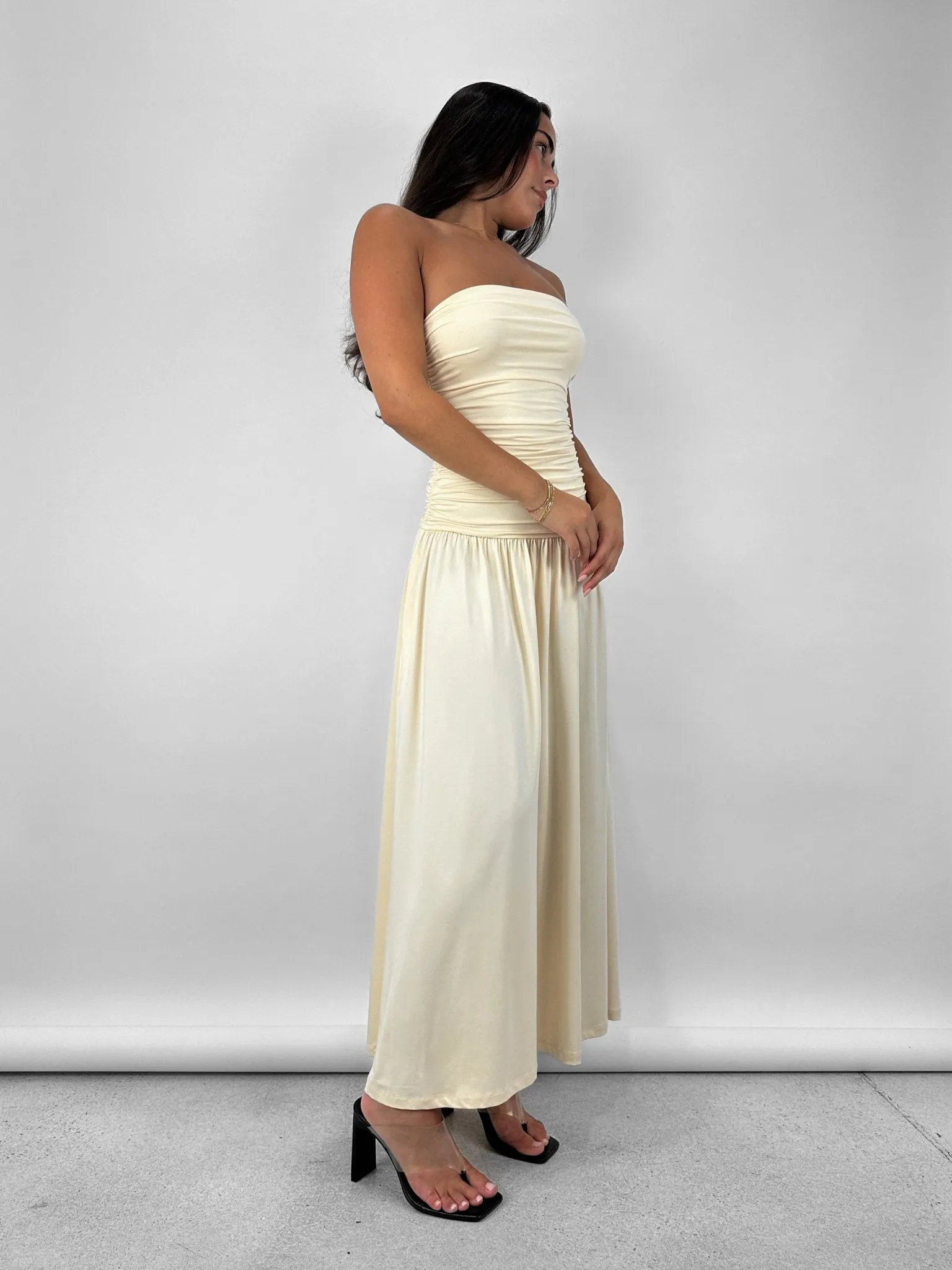 Drop Waist Ruched Midi Tube Dress