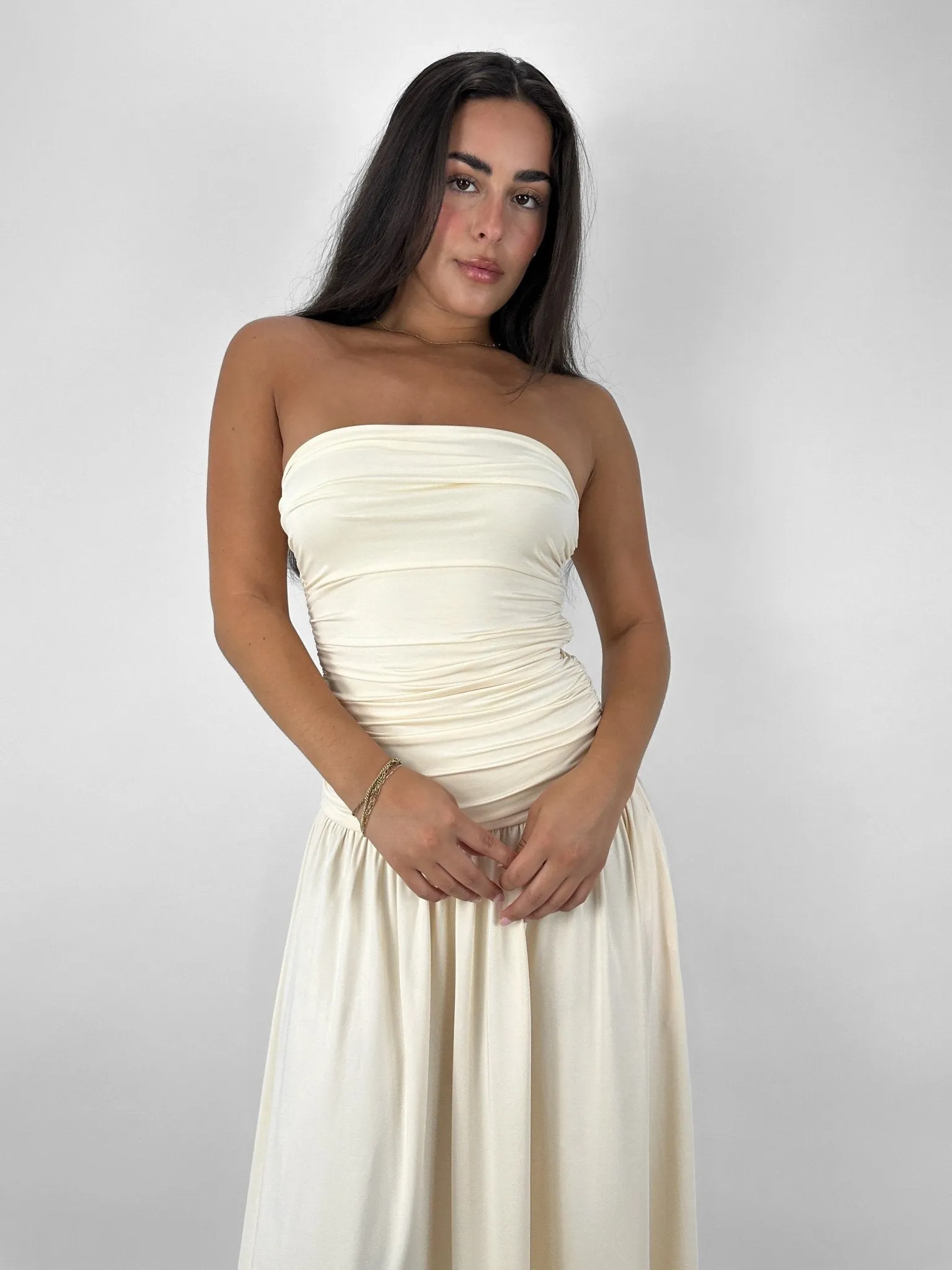 Drop Waist Ruched Midi Tube Dress