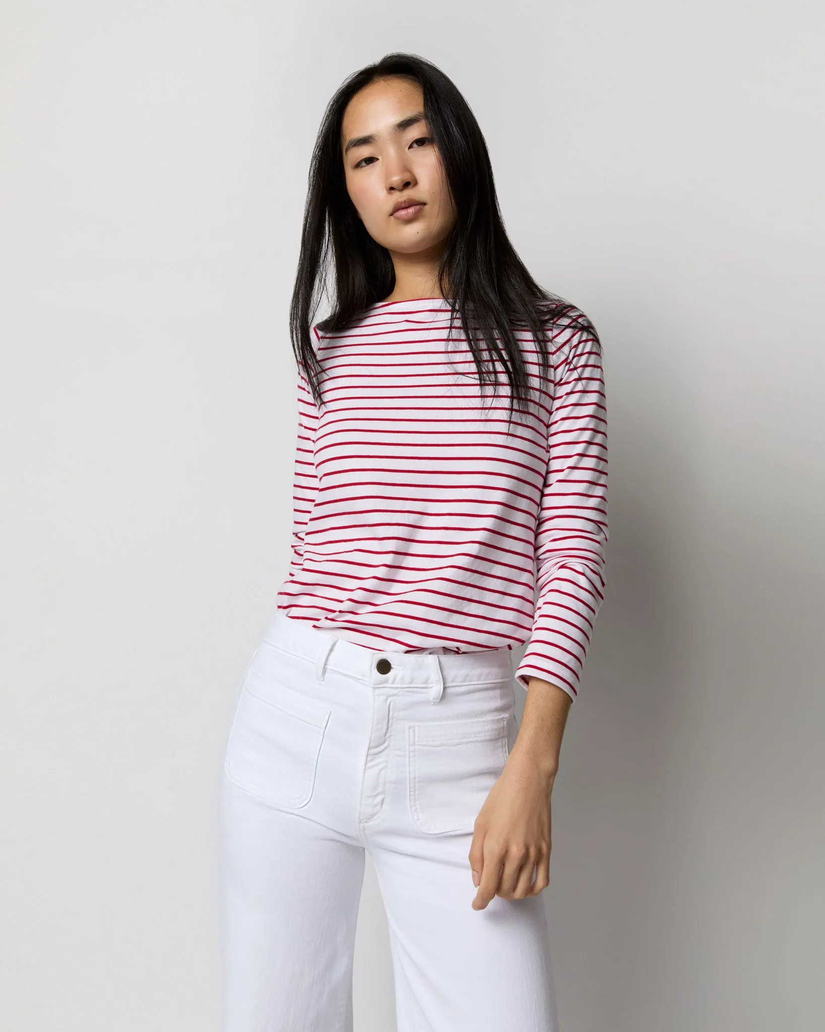 Long-Sleeved Boatneck Tee in White/Red Stripe Jersey