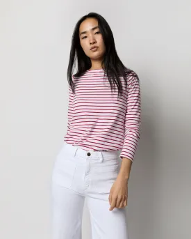 Long-Sleeved Boatneck Tee in White/Red Stripe Jersey