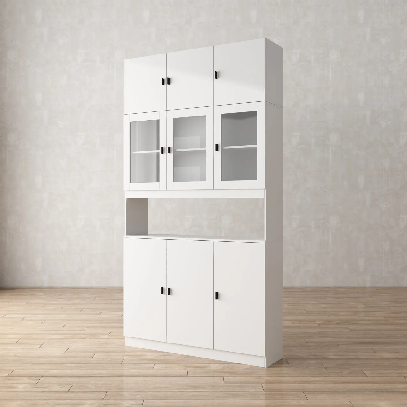 Modern Wood Storage Cabinet with Hutch Glass Doors & Adjustable Shelves Kitchen Pantry