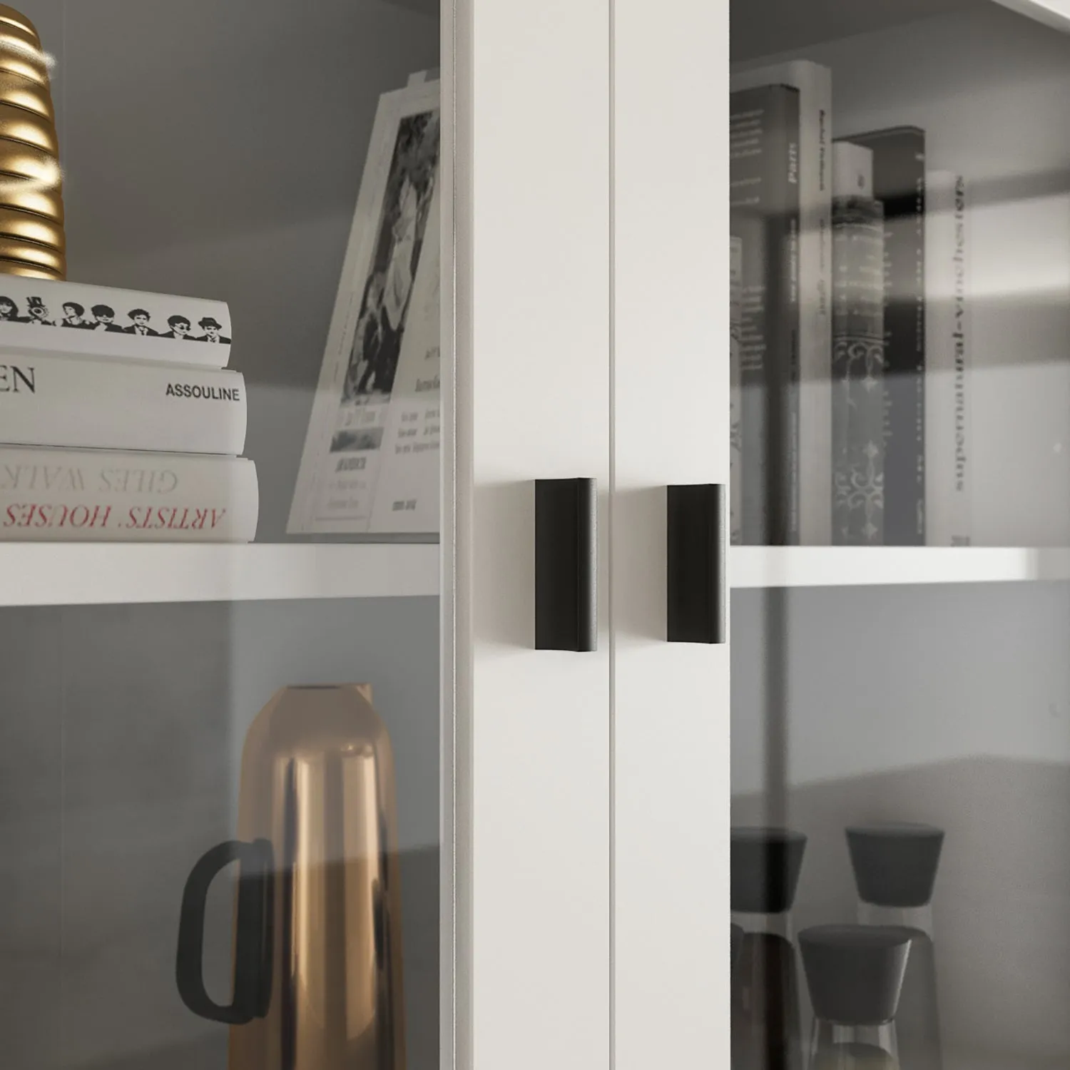 Modern Wood Storage Cabinet with Hutch Glass Doors & Adjustable Shelves Kitchen Pantry
