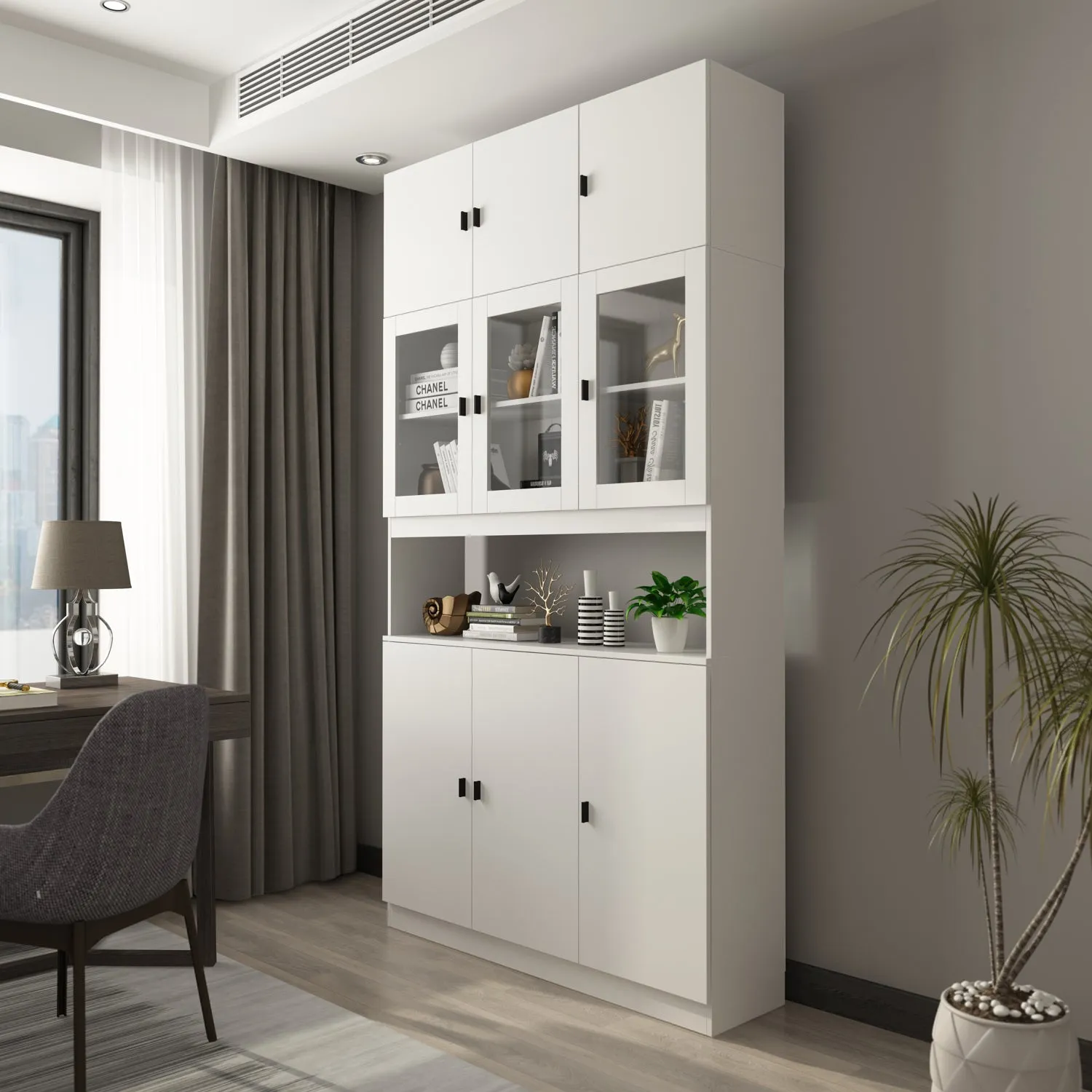 Modern Wood Storage Cabinet with Hutch Glass Doors & Adjustable Shelves Kitchen Pantry