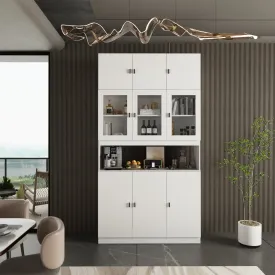 Modern Wood Storage Cabinet with Hutch Glass Doors & Adjustable Shelves Kitchen Pantry