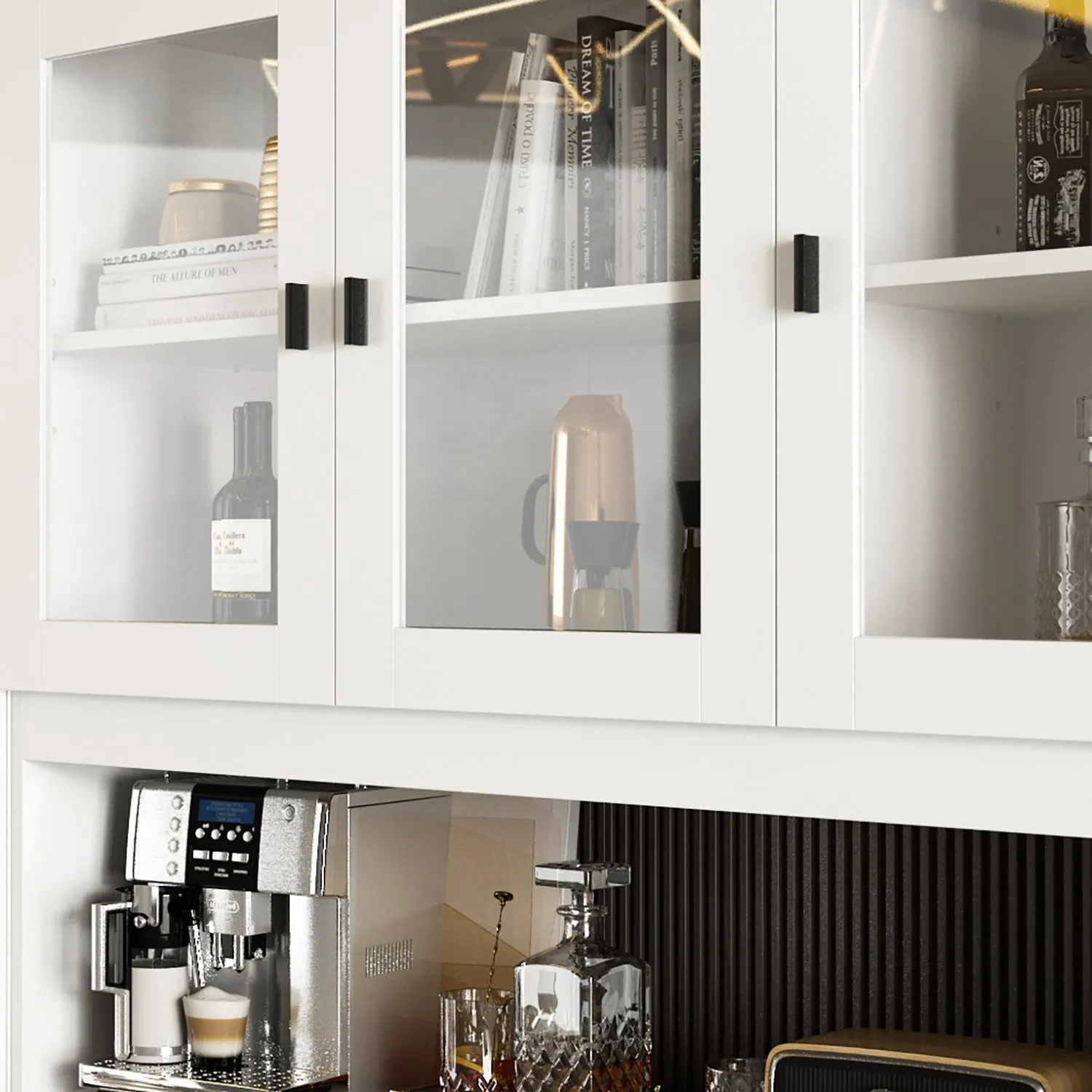 Modern Wood Storage Cabinet with Hutch Glass Doors & Adjustable Shelves Kitchen Pantry
