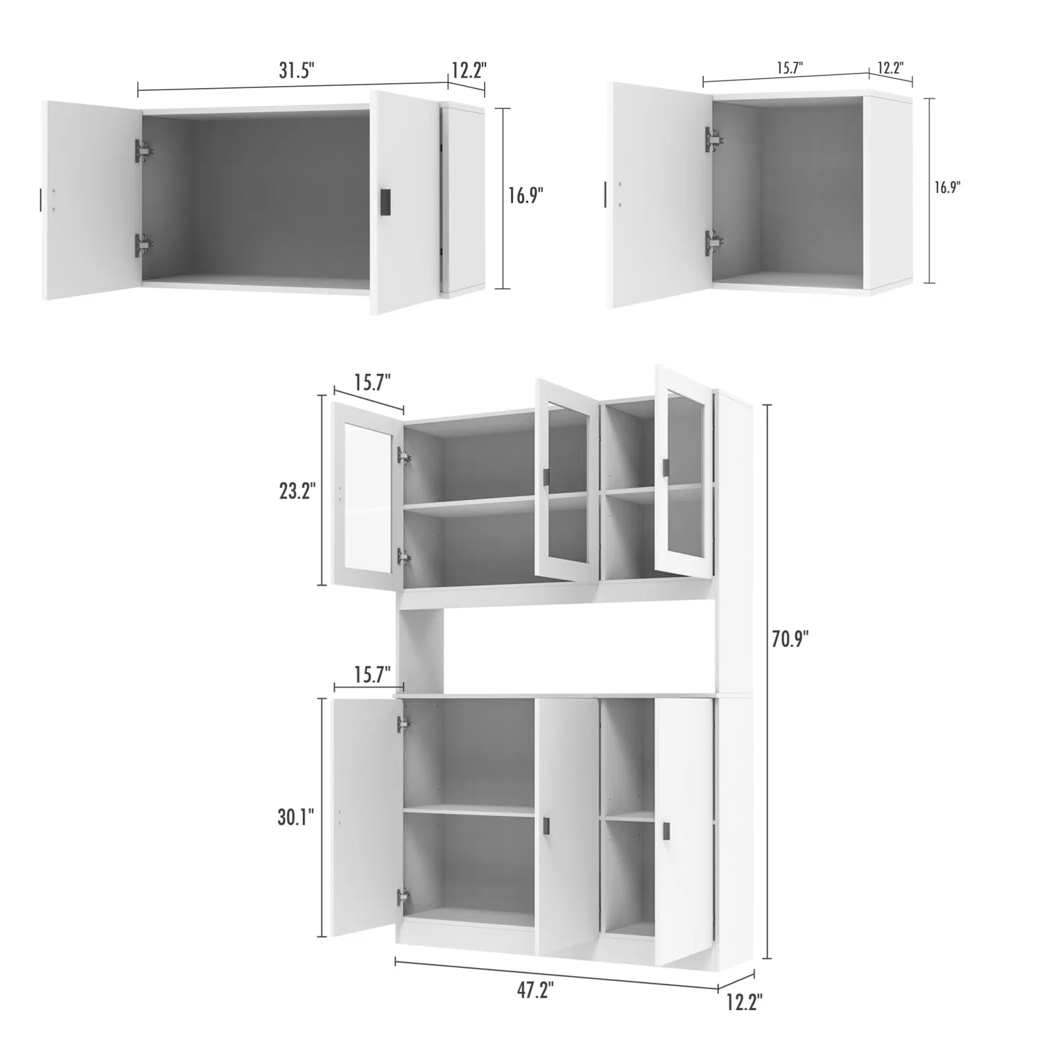 Modern Wood Storage Cabinet with Hutch Glass Doors & Adjustable Shelves Kitchen Pantry