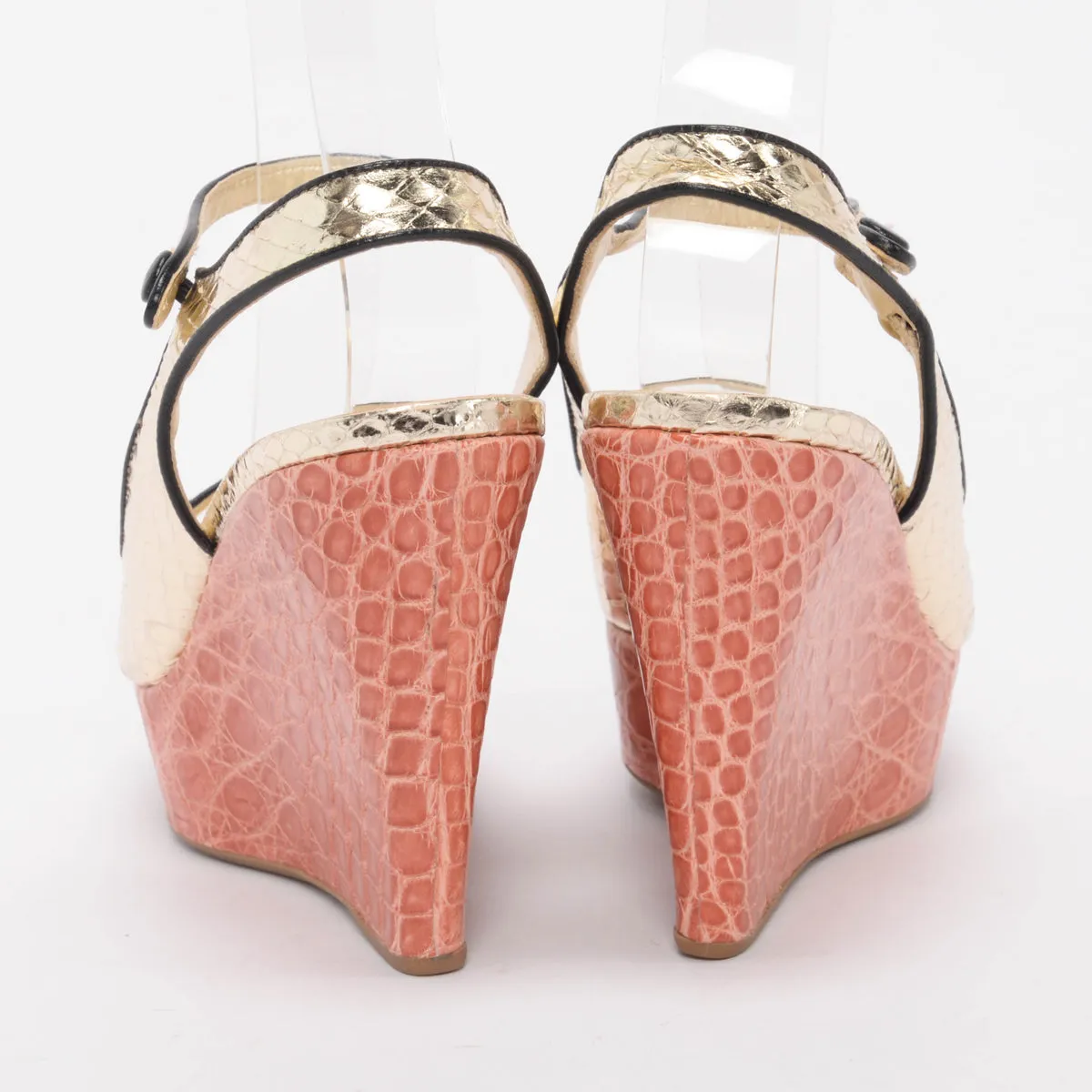 Prada Pink & Gold Metallic Snake & Croc Wedges 38.5