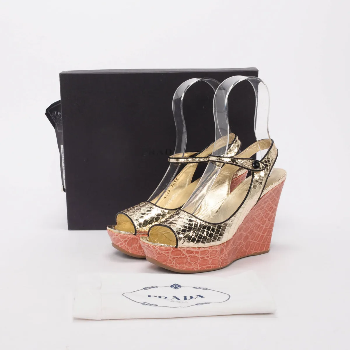 Prada Pink & Gold Metallic Snake & Croc Wedges 38.5