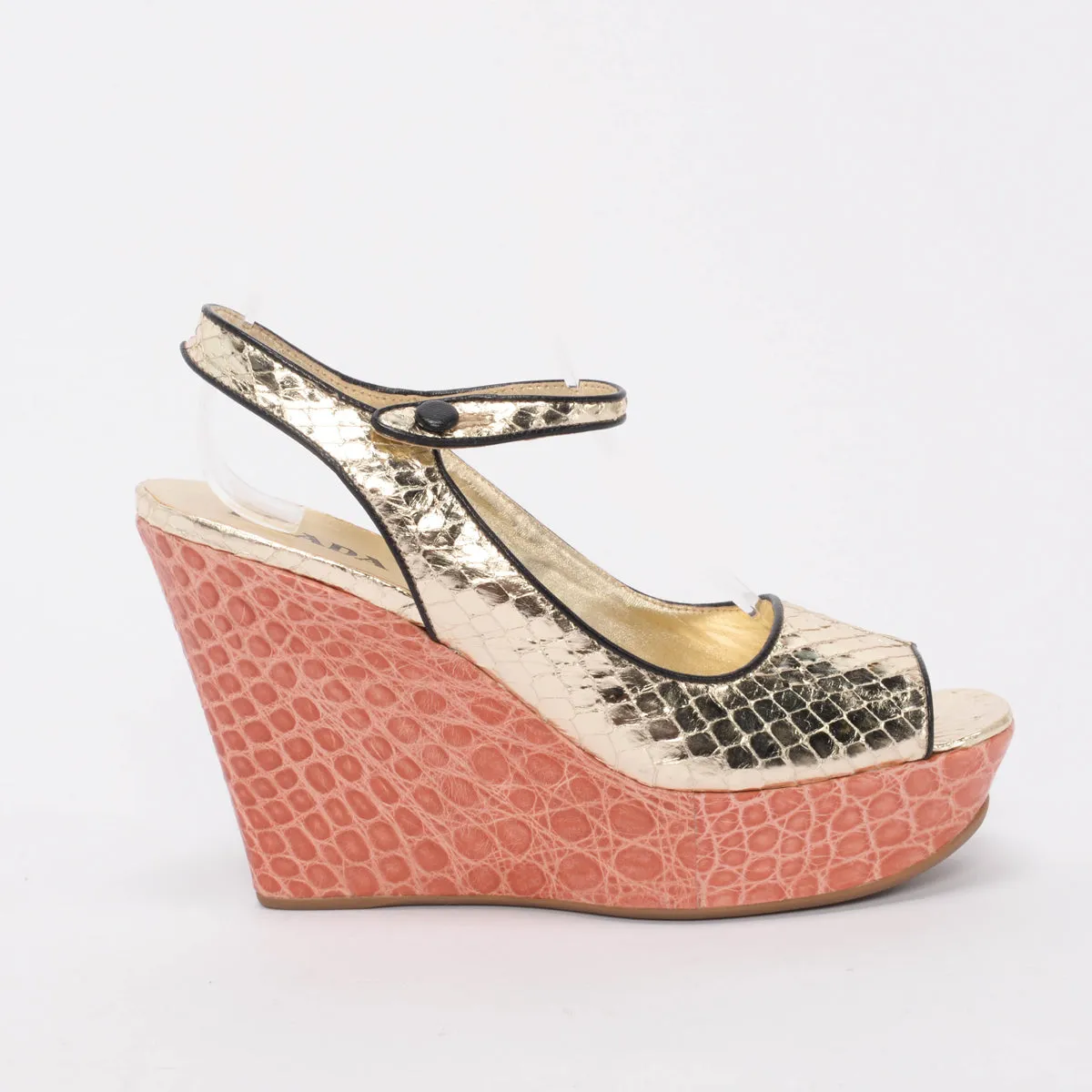 Prada Pink & Gold Metallic Snake & Croc Wedges 38.5