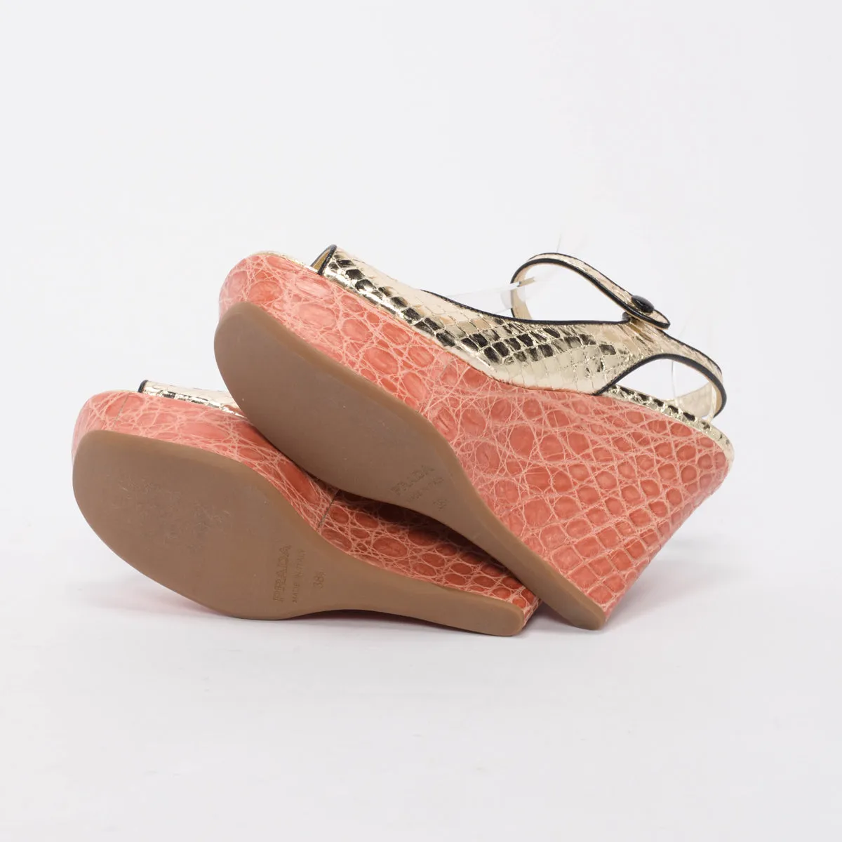 Prada Pink & Gold Metallic Snake & Croc Wedges 38.5