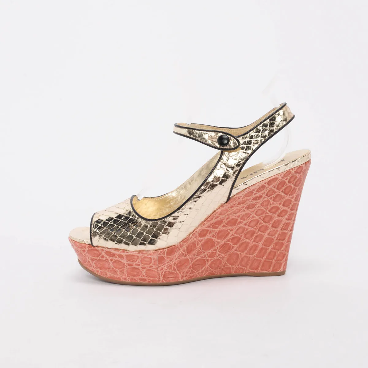 Prada Pink & Gold Metallic Snake & Croc Wedges 38.5