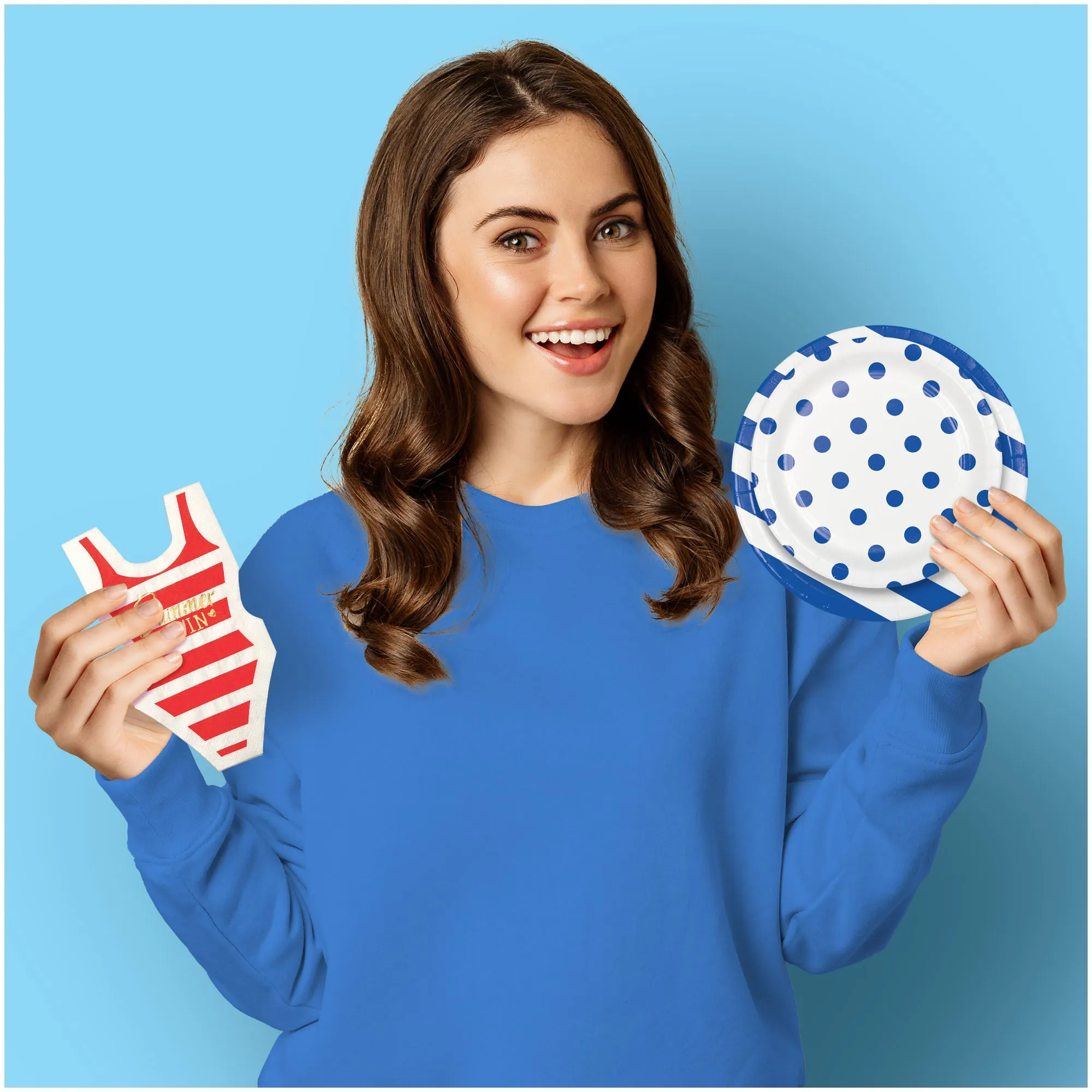 Retro Blue Stripes & Polka Dots Paper Plates and Red Stripe Swimsuit Napkins (Serves 8)