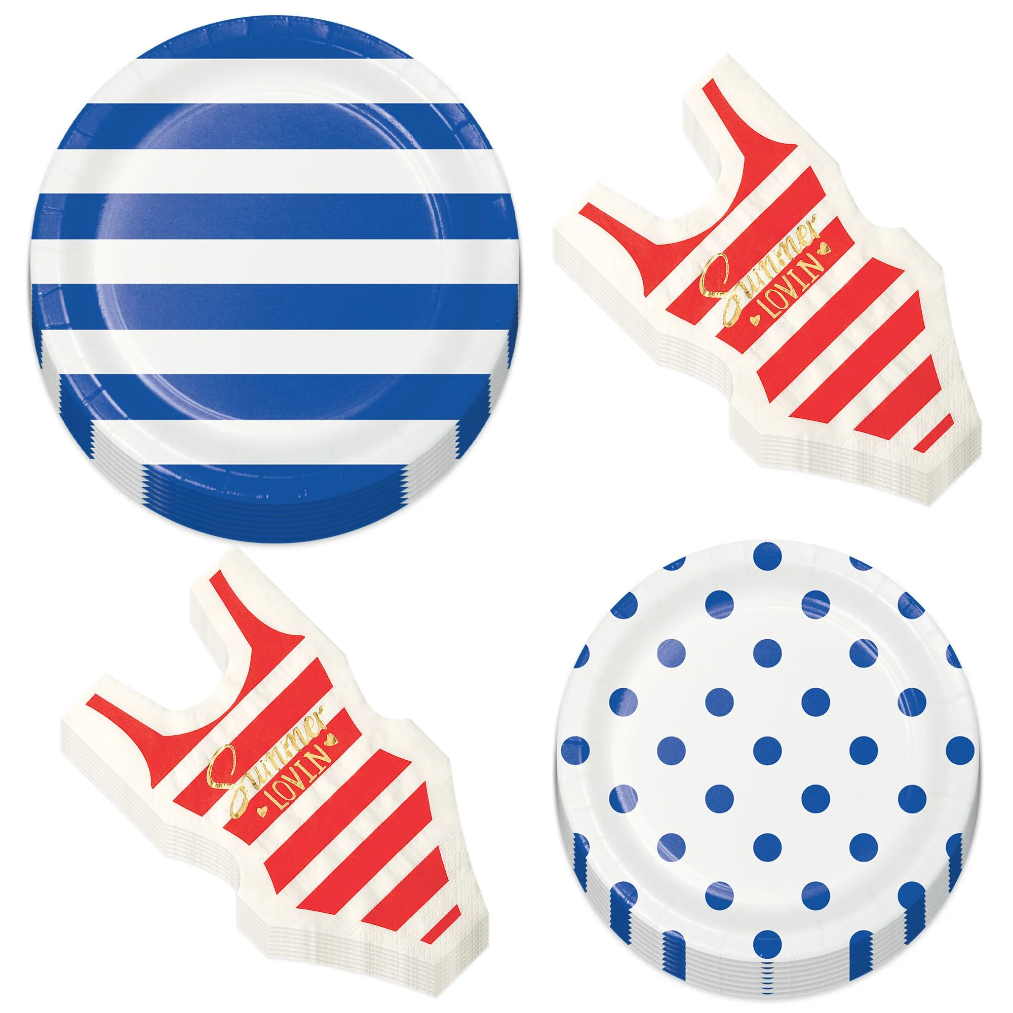 Retro Blue Stripes & Polka Dots Paper Plates and Red Stripe Swimsuit Napkins (Serves 8)