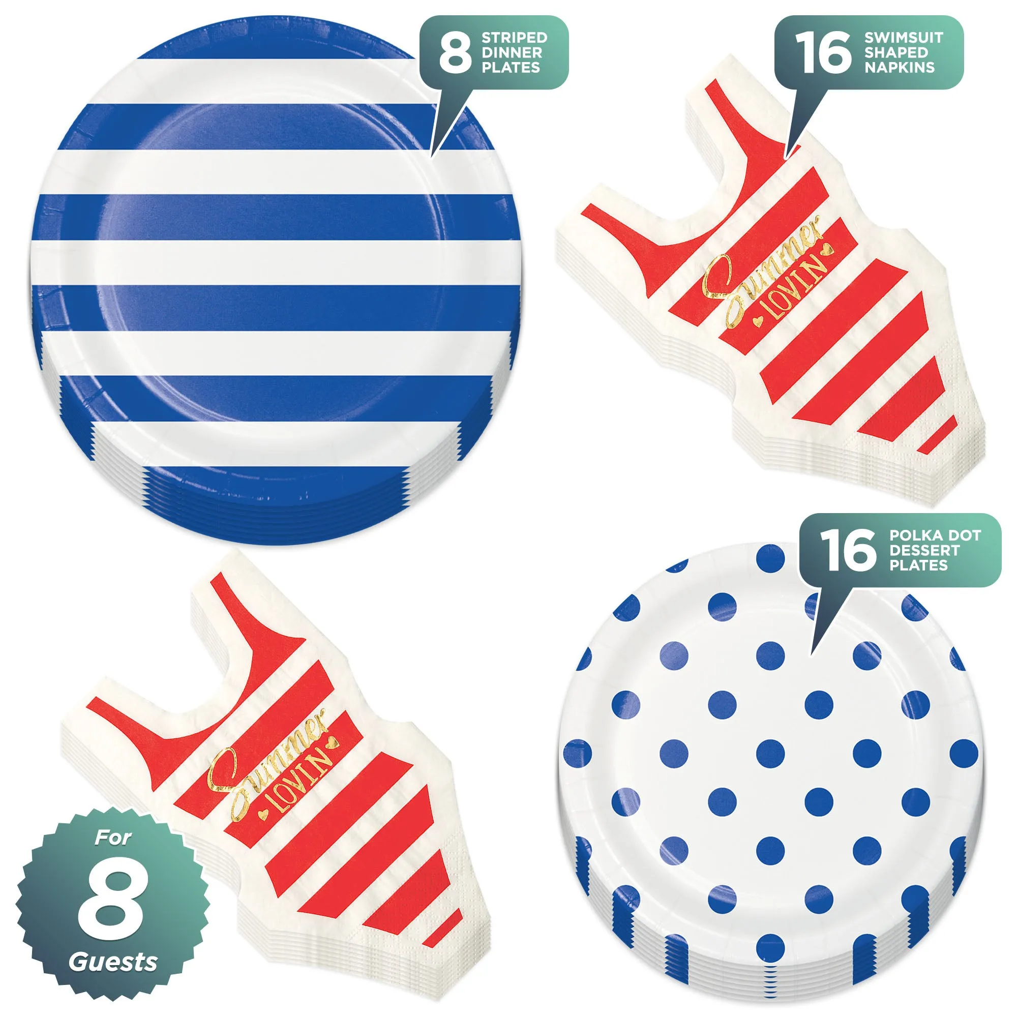 Retro Blue Stripes & Polka Dots Paper Plates and Red Stripe Swimsuit Napkins (Serves 8)