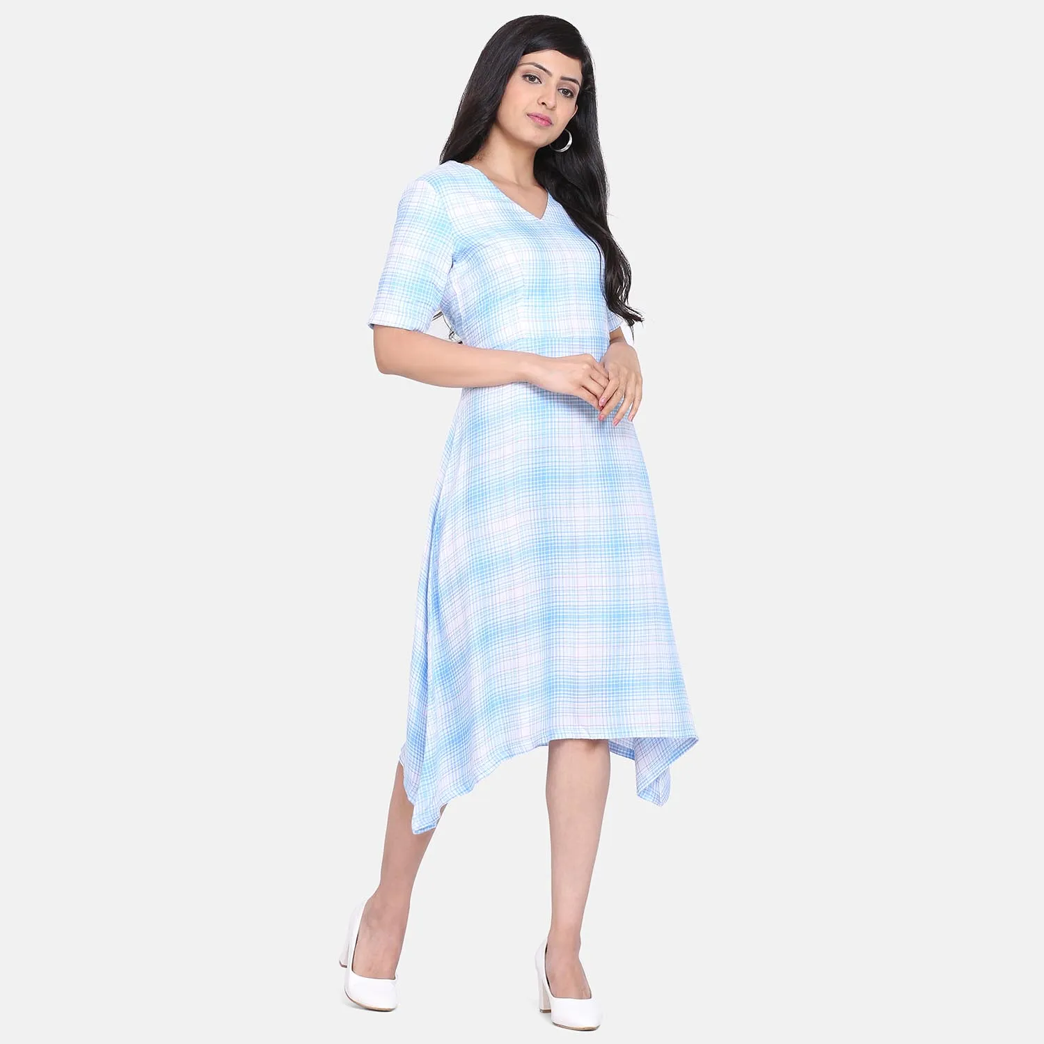 Sky Blue and white Checkered Rayon A Line Women's Dress