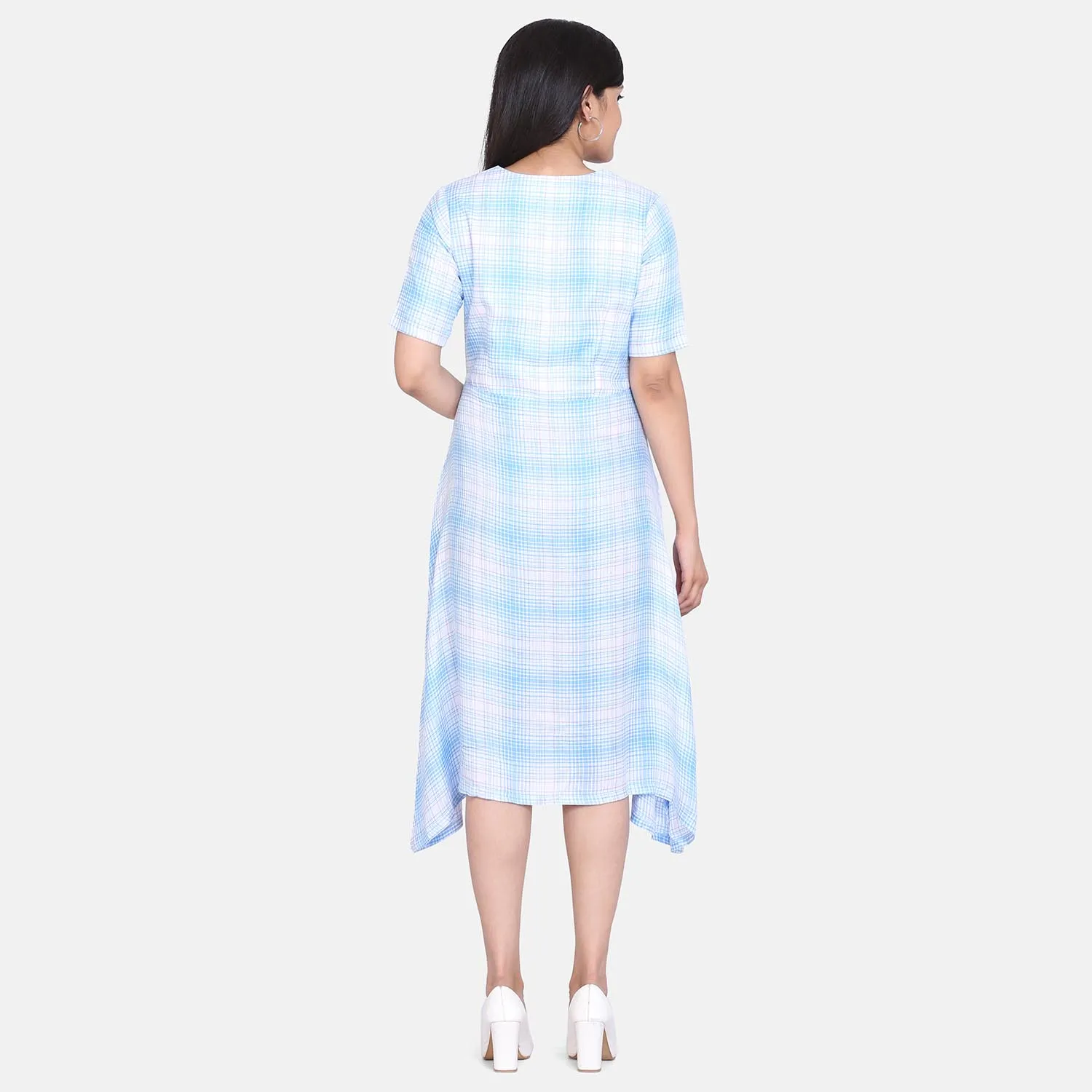 Sky Blue and white Checkered Rayon A Line Women's Dress