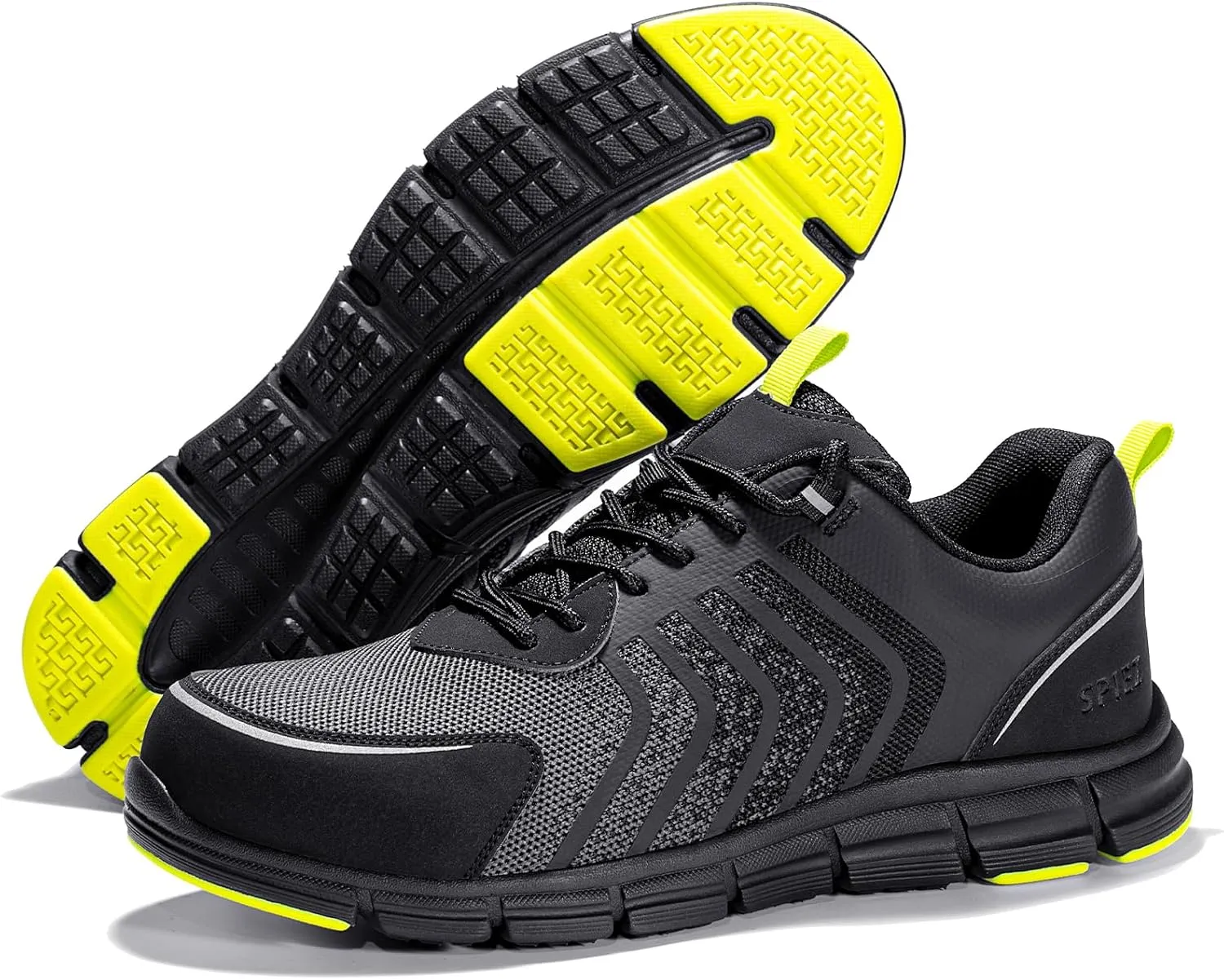 SPIEZ Men's Safety Shoes, Composite Toe, Non-Slip, Puncture-Proof, Lightweight & Breathable Work Sneakers, Black (US 7.5-12)