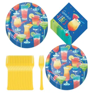 Summer Vibes Blue Cocktail Party Paper Dessert Plates, Beverage Napkins, and Forks (Serves 16)