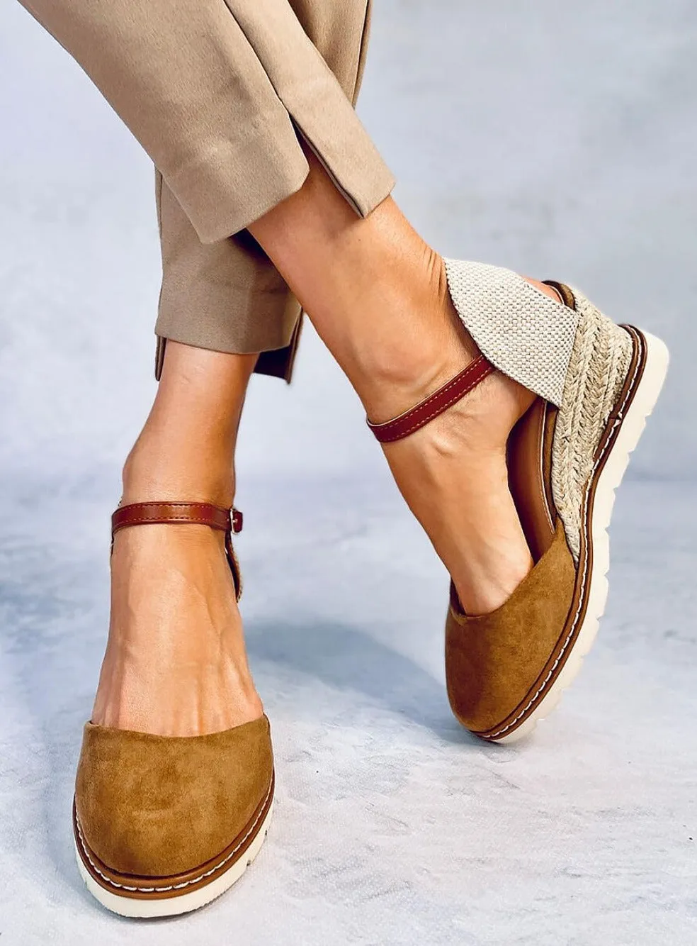 TEEK - Brown Suede Braided Straw Espadrille Sandals