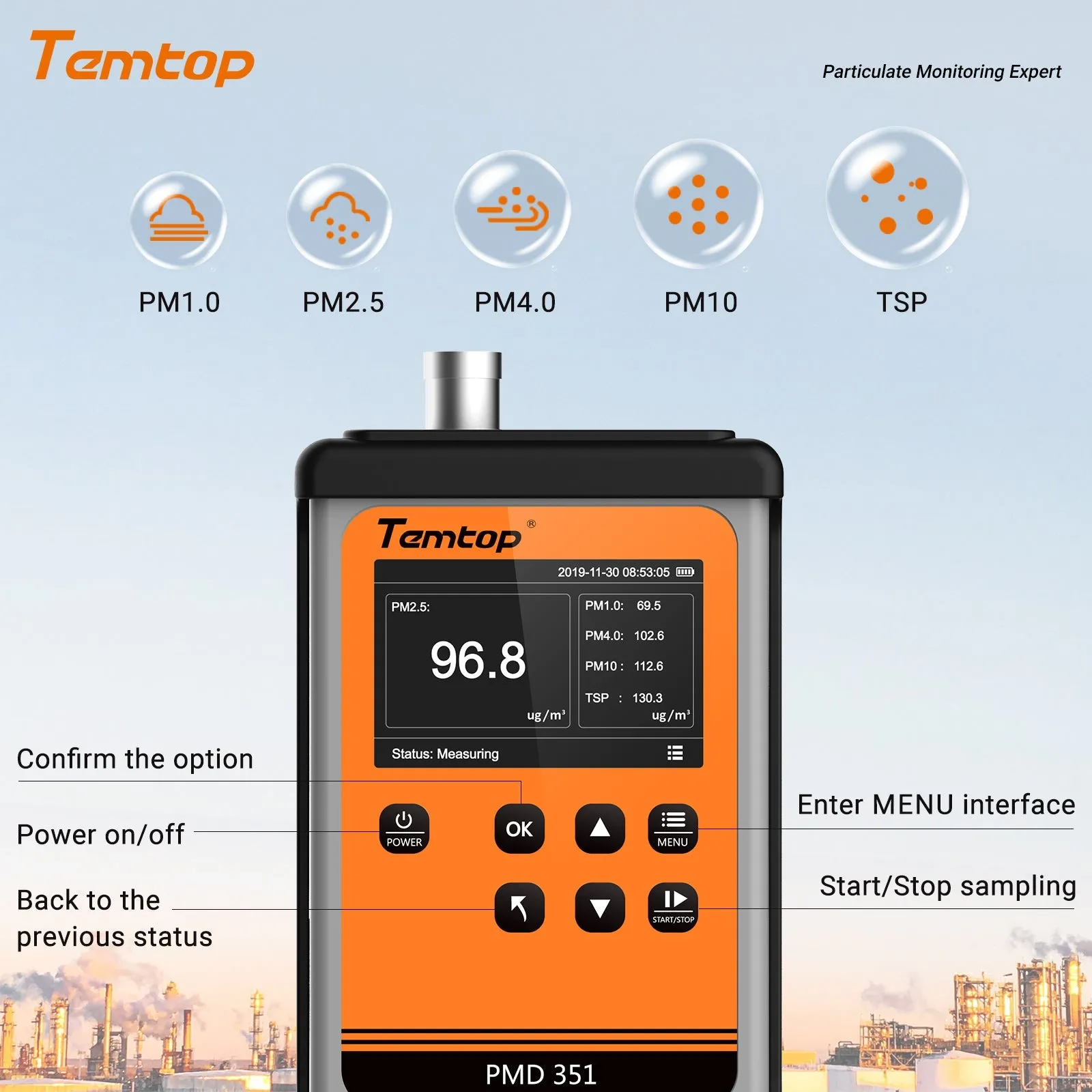 Temtop Handheld Particle Counter Particulate Meter for PM1.0/PM2.5/PM4.0/PM10/TSP PMD 351